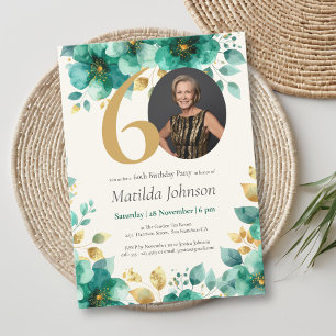 Emerald Green and Gold Floral 60th Birthday Invitation