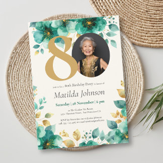 Emerald Green and Gold Floral 80th Birthday Invitation
