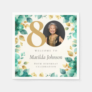 Emerald Green and Gold Floral 80th Birthday Party Napkins