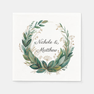 Emerald Green and Gold Floral Frame Wedding Napkins