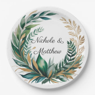 Emerald Green and Gold Floral Frame Wedding Paper Plates