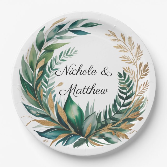 Emerald Green and Gold Floral Frame Wedding Paper Plates (Front)