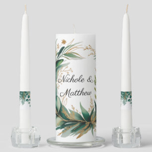 Emerald Green and Gold Floral Frame Wedding Unity Candle Set