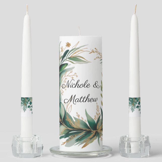 Emerald Green and Gold Floral Frame Wedding Unity Candle Set (Front)