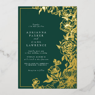 Emerald Green and Gold Floral Garden Wedding Foil Invitation
