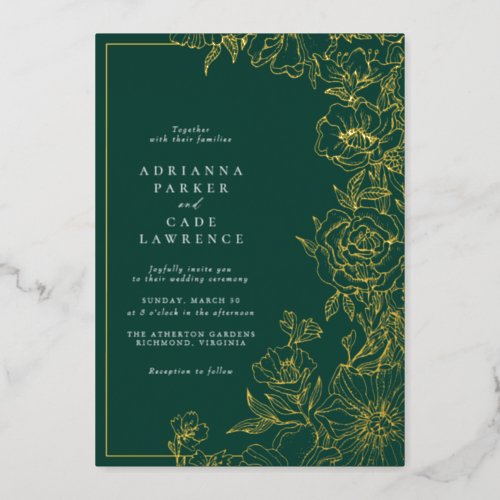 Emerald Green and Gold Floral  Garden Wedding Foil Invitation