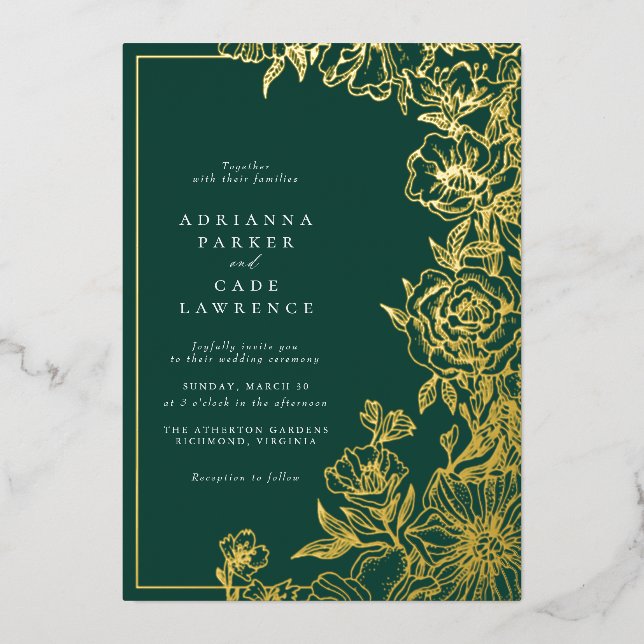 Emerald Green and Gold Floral | Garden Wedding Foil Invitation (Front)
