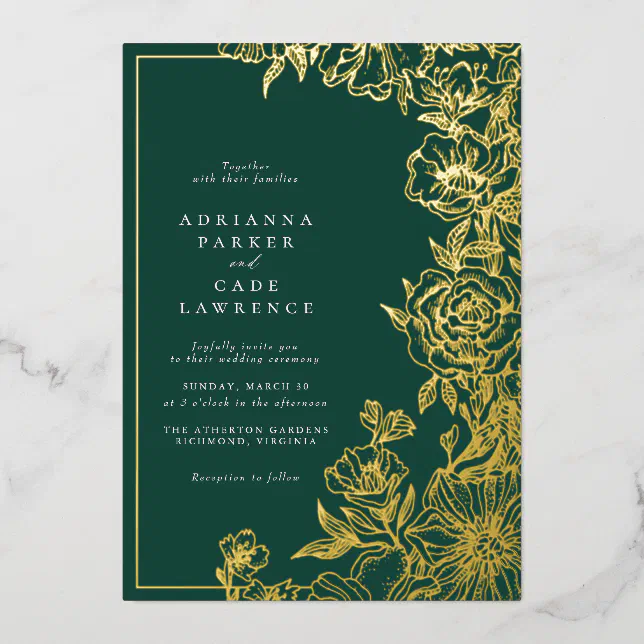 Emerald Green and Gold Floral | Garden Wedding Foil Invitation | Zazzle