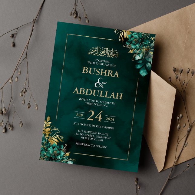 Emerald Green and Gold Floral Islamic Wedding Invitation (Creator Uploaded)