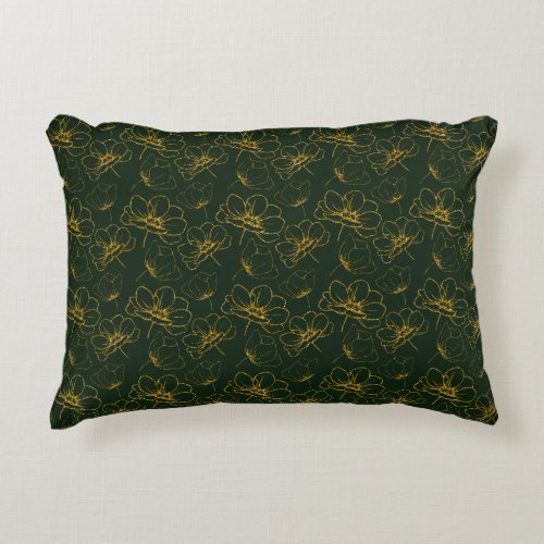 Emerald Green and Gold Floral Lumbar Throw Pillow