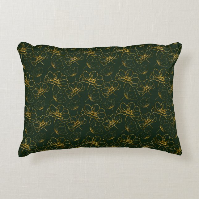 Emerald Green and Gold Floral Lumbar Throw Pillow (Front)