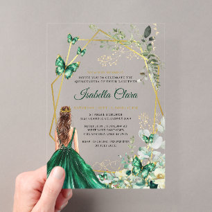 Emerald Green and Gold Floral Princess Quinceanera Acrylic Invitations
