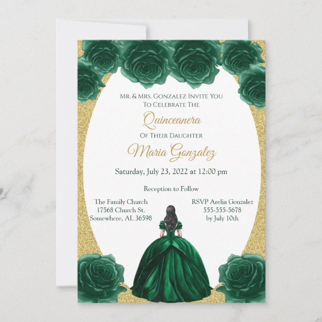 Emerald Green and Gold Floral Quinceanera Invitation (Front)
