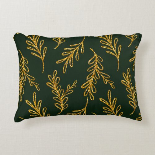 Emerald Green and Gold Floral Sprig Lumbar  Accent Pillow