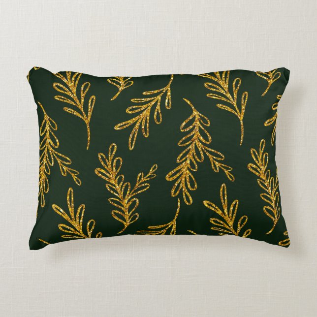Emerald Green and Gold Floral Sprig Lumbar  Accent Pillow (Front)