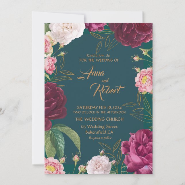 Emerald Green and gold Floral Wedding Invitation (Front)