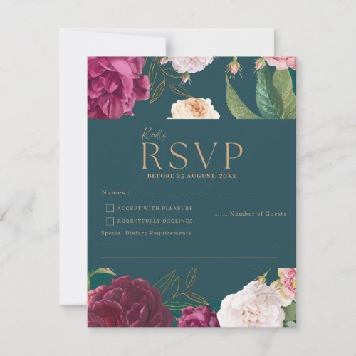  Emerald Green and gold Floral Wedding RSVP Card