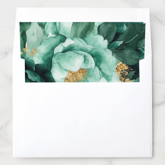 Emerald Green and Gold Florals Wedding Envelope Liner (In Envelope)