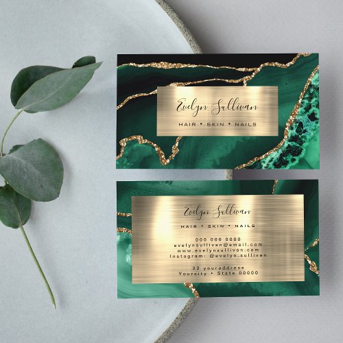 Emerald Green and Gold Foil Agate Business Card