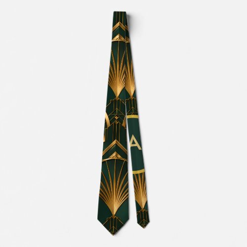 Emerald Green and Gold Gatsby Art Deco Necktie