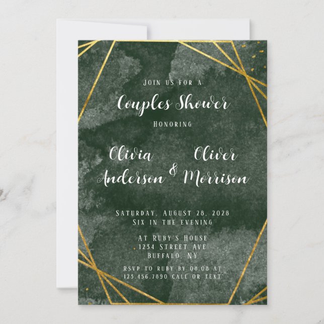 Emerald Green and Gold Geometric Couples Shower Invitation (Front)