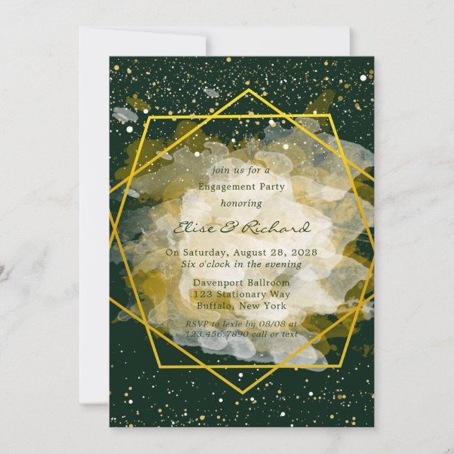 Emerald Green and Gold Geometric Engagement Party Invitation (Front)