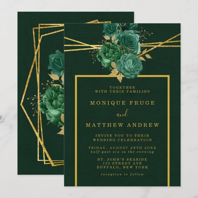 Emerald Green and Gold Geometric Floral Wedding Invitation (Front/Back)
