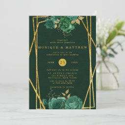 Emerald Green and Gold Geometric Floral Wedding Invitation | Zazzle