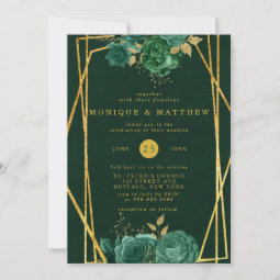 Emerald Green and Gold Geometric Floral Wedding Invitation | Zazzle