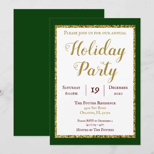 Emerald Green and Gold Glitter Holiday Party Invitation (Front/Back)