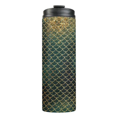 Emerald Green and Gold Glitter Mermaid Scales Thermal Tumbler