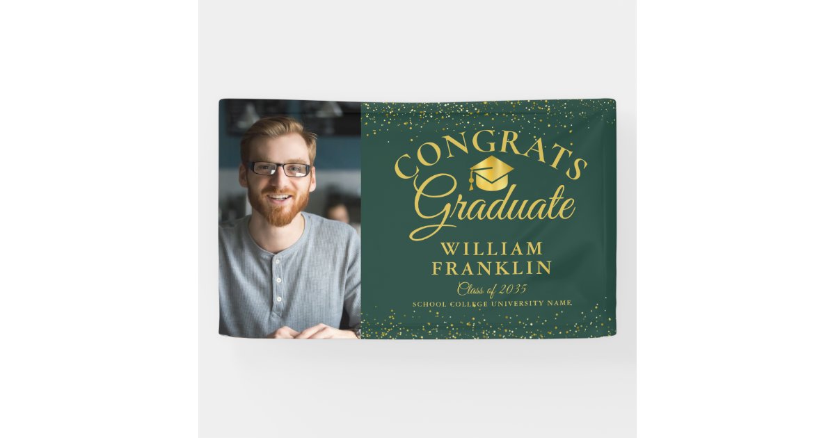 Emerald Green And Gold Glitter Photo Graduation Banner | Zazzle