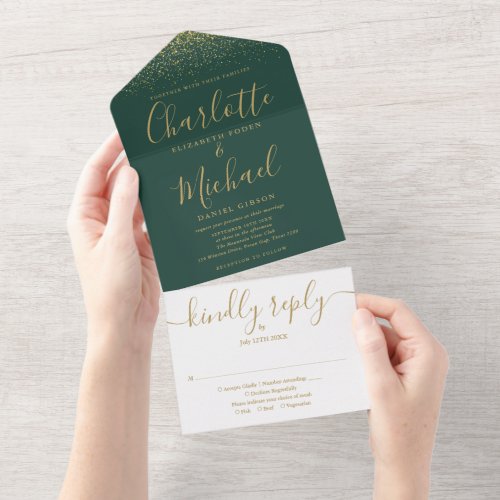 Emerald Green And Gold Glitter Script Wedding All In One Invitation