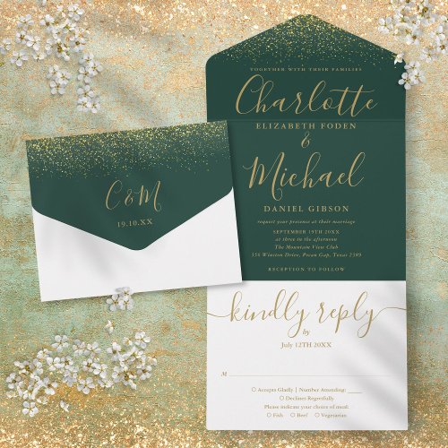 Emerald Green And Gold Glitter Script Wedding All In One Invitation