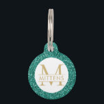 Emerald Green and Gold Glitter Sparkly Monogram Pet ID Tag<br><div class="desc">Emerald Green glitter printed background with custom cat or dog name and monogram. Just type in your personalized text for a Christmas or school colors pet ID collar charm. See our collection of coordinating bowls and get a set!</div>