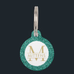 Emerald Green and Gold Glitter Sparkly Monogram Pet ID Tag<br><div class="desc">Emerald Green glitter printed background with custom cat or dog name and monogram. Just type in your personalized text for a Christmas or school colors pet ID collar charm. See our collection of coordinating bowls and get a set!</div>
