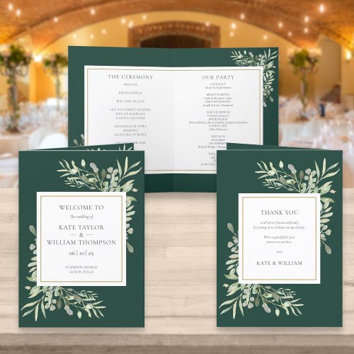 Emerald Green And Gold Greenery Foliage Wedding Program