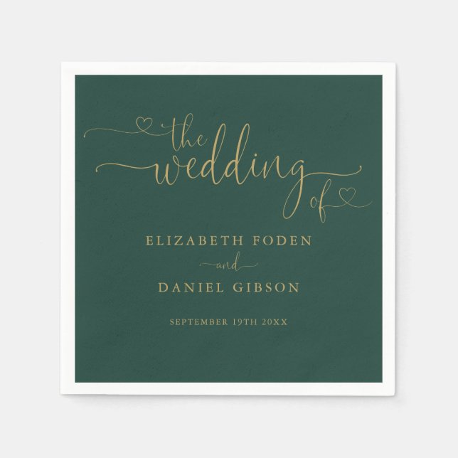Emerald Green And Gold Heart Script Wedding Napkins (Front)