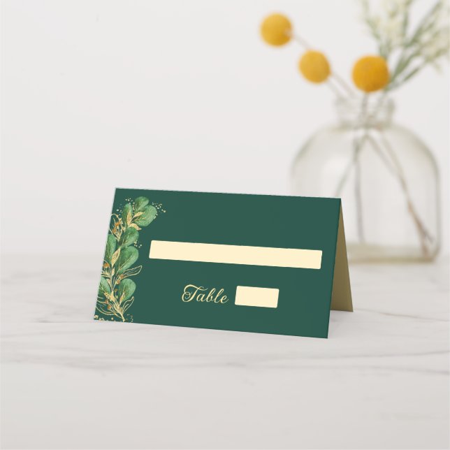 Emerald Green and Gold Jewel Tone Wedding Place Card (Front)