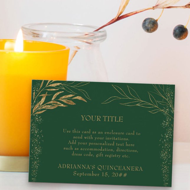 Emerald Green and Gold Leaf Custom Enclosure Card (Quinceanera Reception Card in emerald green from my Gold Leaf Collection)