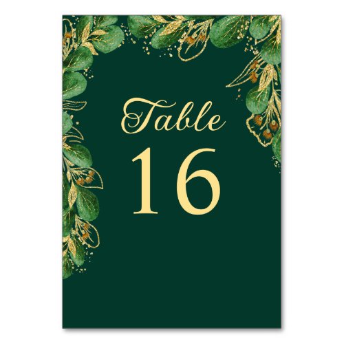 Emerald Green and Gold Leaf Elegant Wedding Table Number