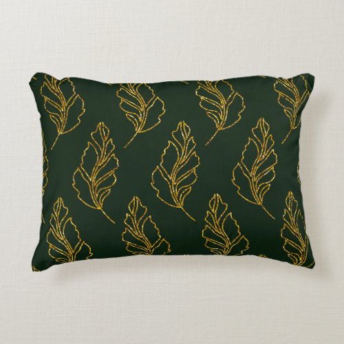 Emerald Green and Gold Leaf Lumbar Throw Pillow