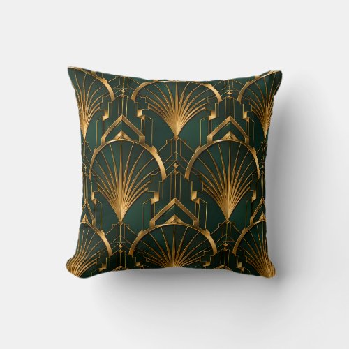 Emerald Green and Gold Luxury Art Deco Throw Pillow