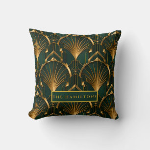 Emerald Green and Gold Luxury Art Deco Wall Clock Throw Pillow