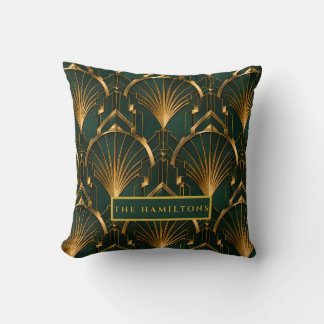Emerald Green and Gold Luxury Art Deco Wall Clock Throw Pillow