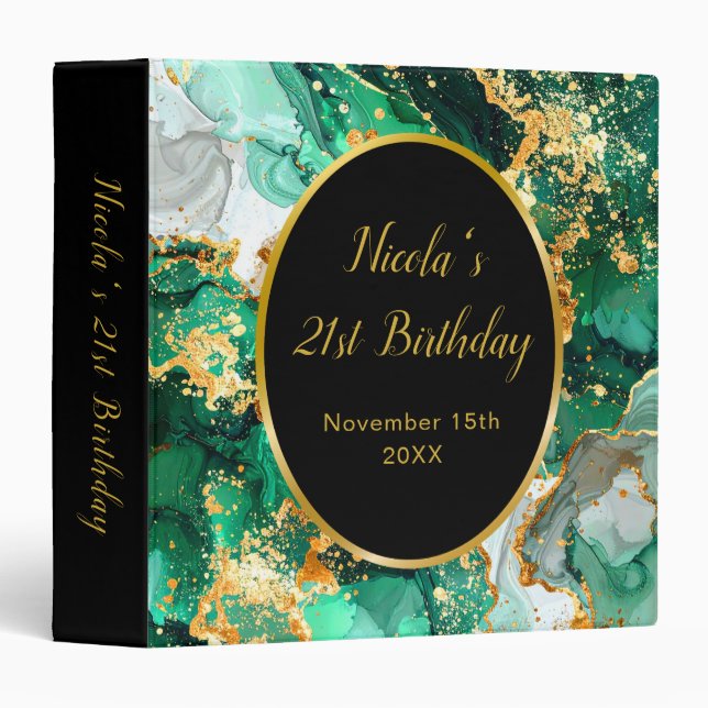 Emerald Green and Gold Marble Agate Birthday Party 3 Ring Binder (Front/Spine)