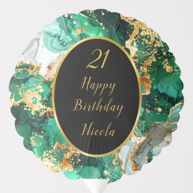 Emerald Green and Gold Marble Agate Birthday Party Balloon (Front)