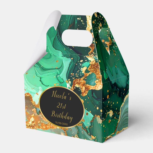Emerald Green and Gold Marble Agate Birthday Party Favor Boxes (Front Side)