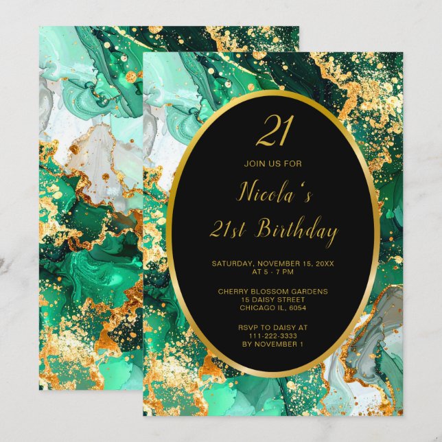 Emerald Green and Gold Marble Agate Birthday Party Invitation (Front/Back)