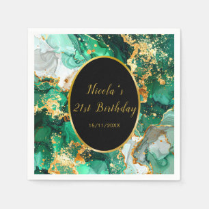 Emerald Green and Gold Marble Agate Birthday Party Napkins